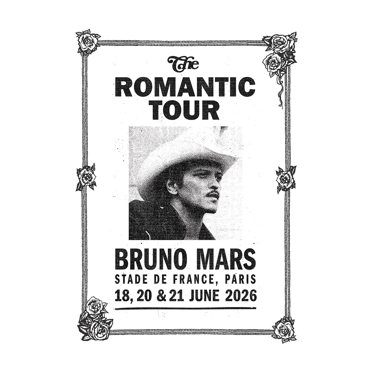 Poster for Bruno Mars' 'The Romantic Tour' with event details for Paris, France.