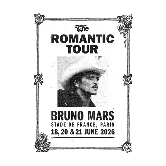Poster for Bruno Mars' 'The Romantic Tour' with event details for Paris, France.