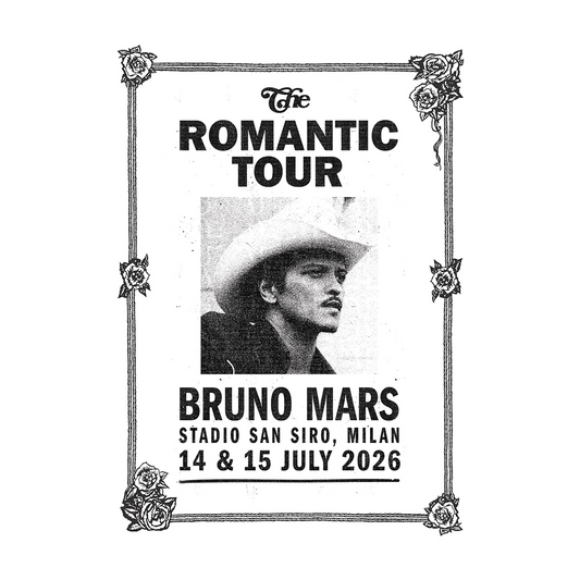 Poster for Bruno Mars' 'The Romantic Tour' with event details for Milan.
