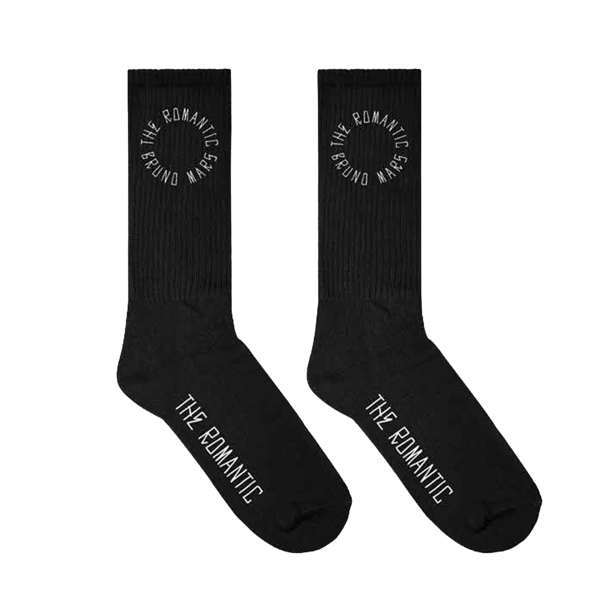 Unisex black socks with "The Romantic Bruno Mars" art printed on ankles and "The Romantic" printed on sole.