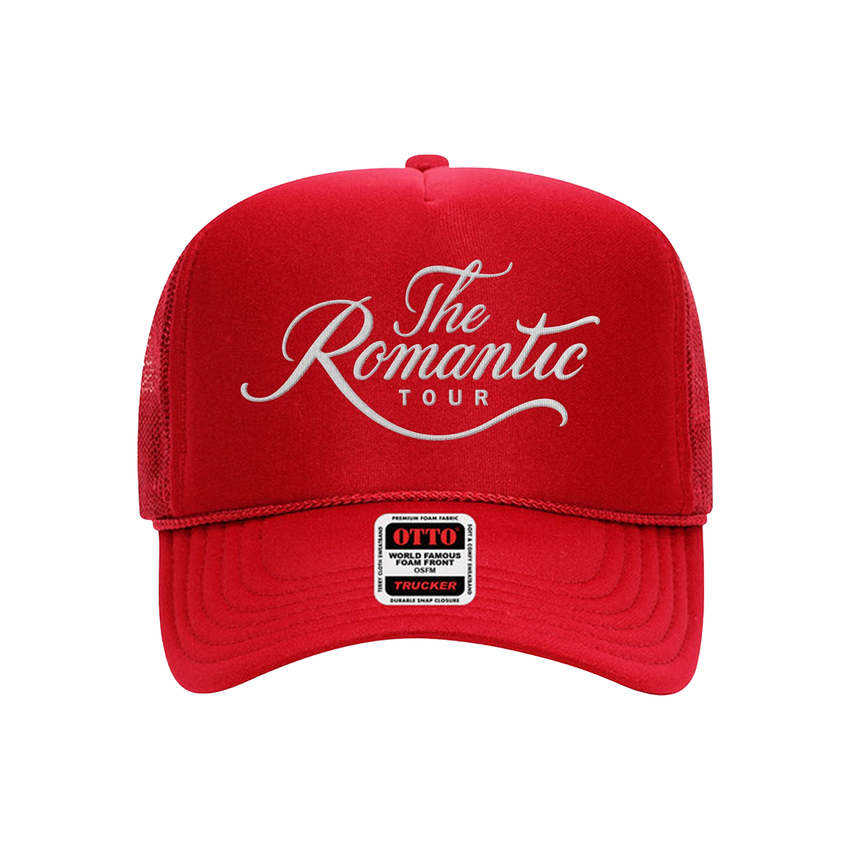 Front of a Unisex red trucker cap with "The Romantic Tour" embroidered on the front in white.