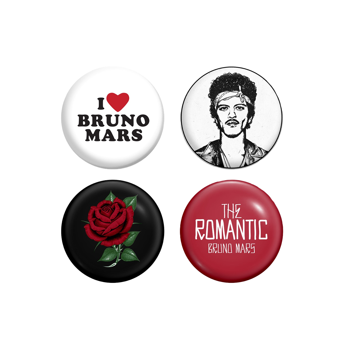 Four buttons featuring images and text related to Bruno Mars The Romantic Tour.