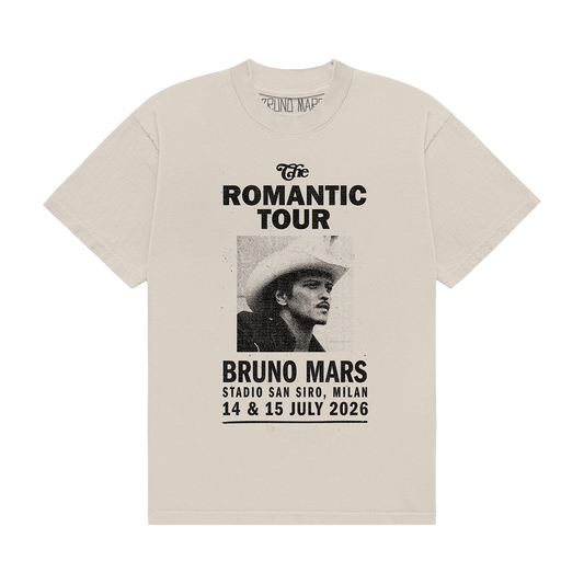 BRUNO MARS MILAN EVENT ART PRINTED ON THE FRONT OF AN IVORY UNISEX TEE.