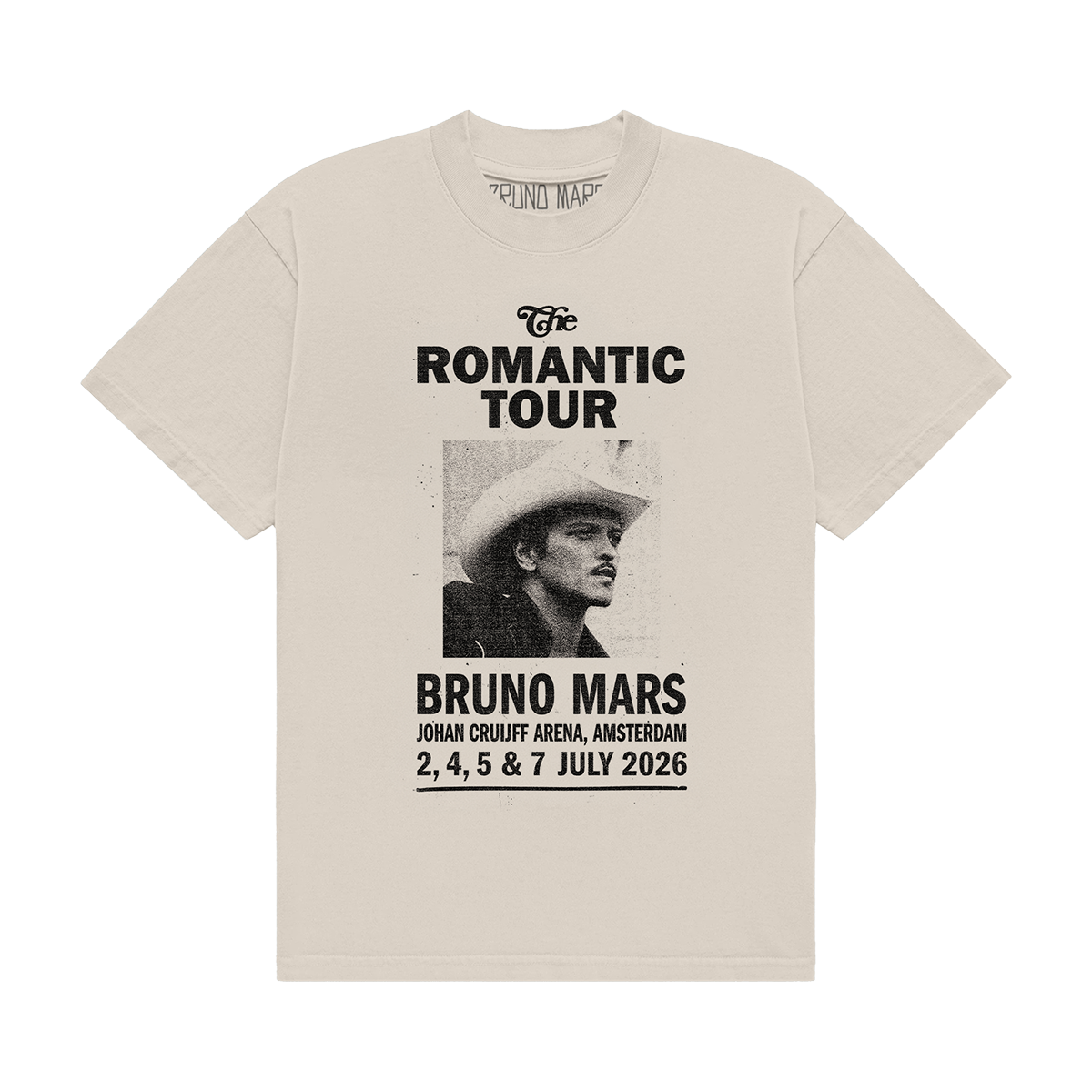 BRUNO MARS AMSTERDAM EVENT ART PRINTED ON THE FRONT OF AN IVORY UNISEX TEE.