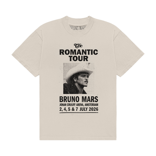 BRUNO MARS AMSTERDAM EVENT ART PRINTED ON THE FRONT OF AN IVORY UNISEX TEE.